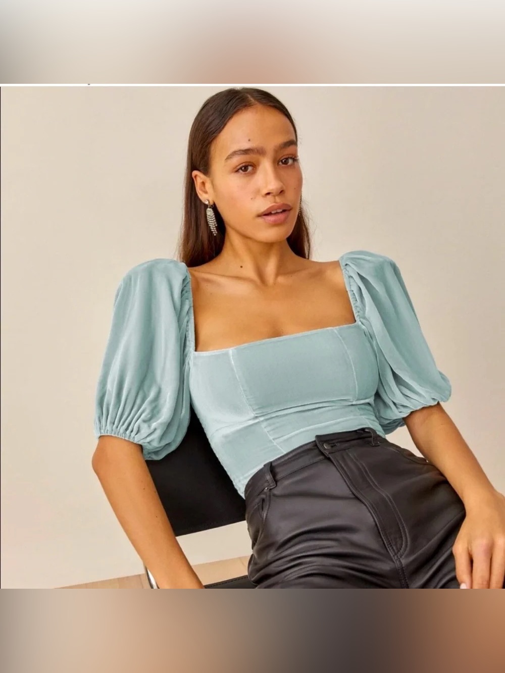 Reformation Luka Velvet Light Blue Puff Sleeve Blouse